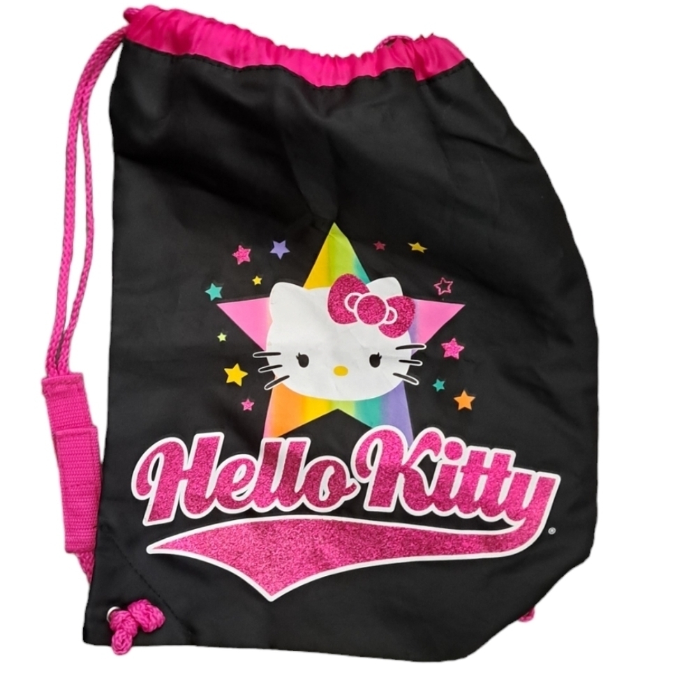HELLO Kitty nylon drawstring bag sack backpack library kids Swim Beach GLITTER